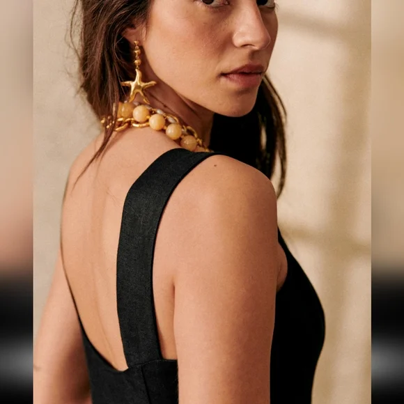 Sezane Gabby Long Black Linen Dress W/ Front Botton - Picture 3 of 7